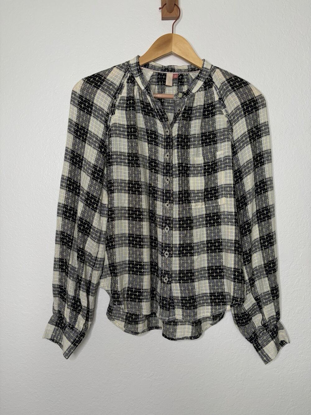 Anthropologie Pilcro Embroidered Checkered Button Down Shirt Ruffle Size XS
